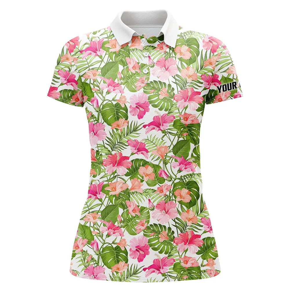 Womens Golf Polos Shirts Custom Name Colorful Hibiscus Flower Tropical Pattern Golf Tops For Women