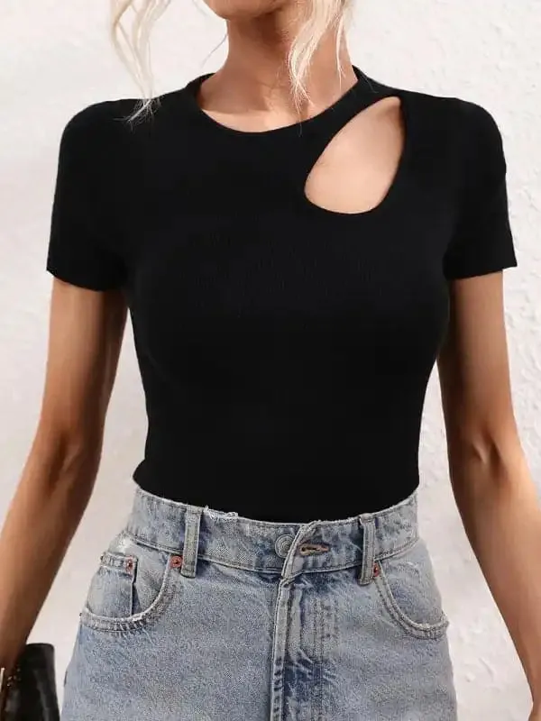 Women’s Solid Color Shoulder Cutout Rib Sweater