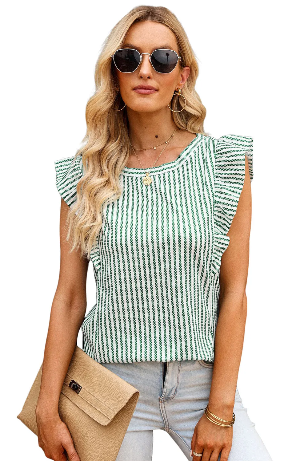 Womens Summer Crew Neck Tank Tops Casual Ruffle Sleeveless Tops Shirts